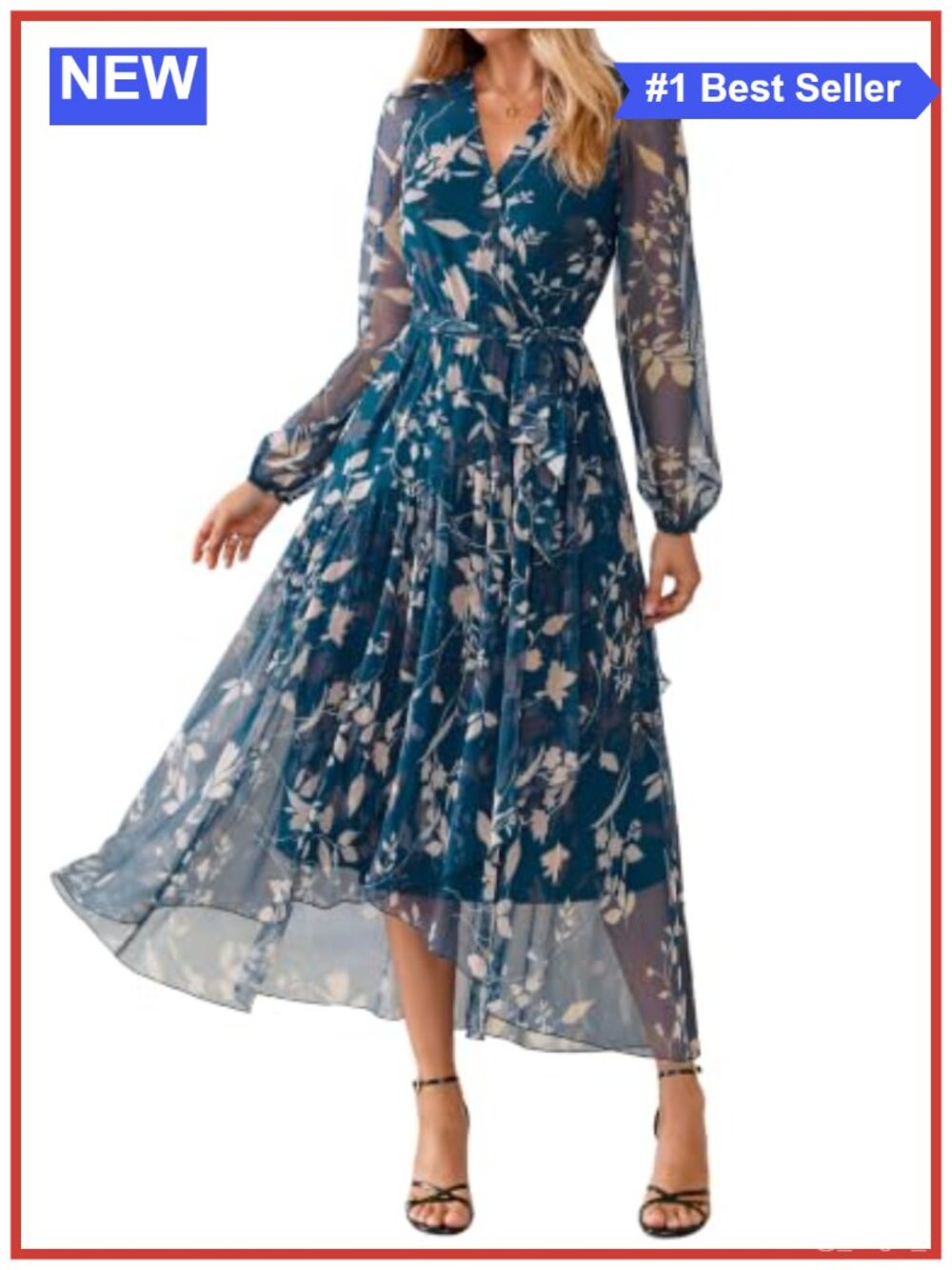 Long Sleeve V-Neck Floral Mesh Maxi Dress Wedding Guest